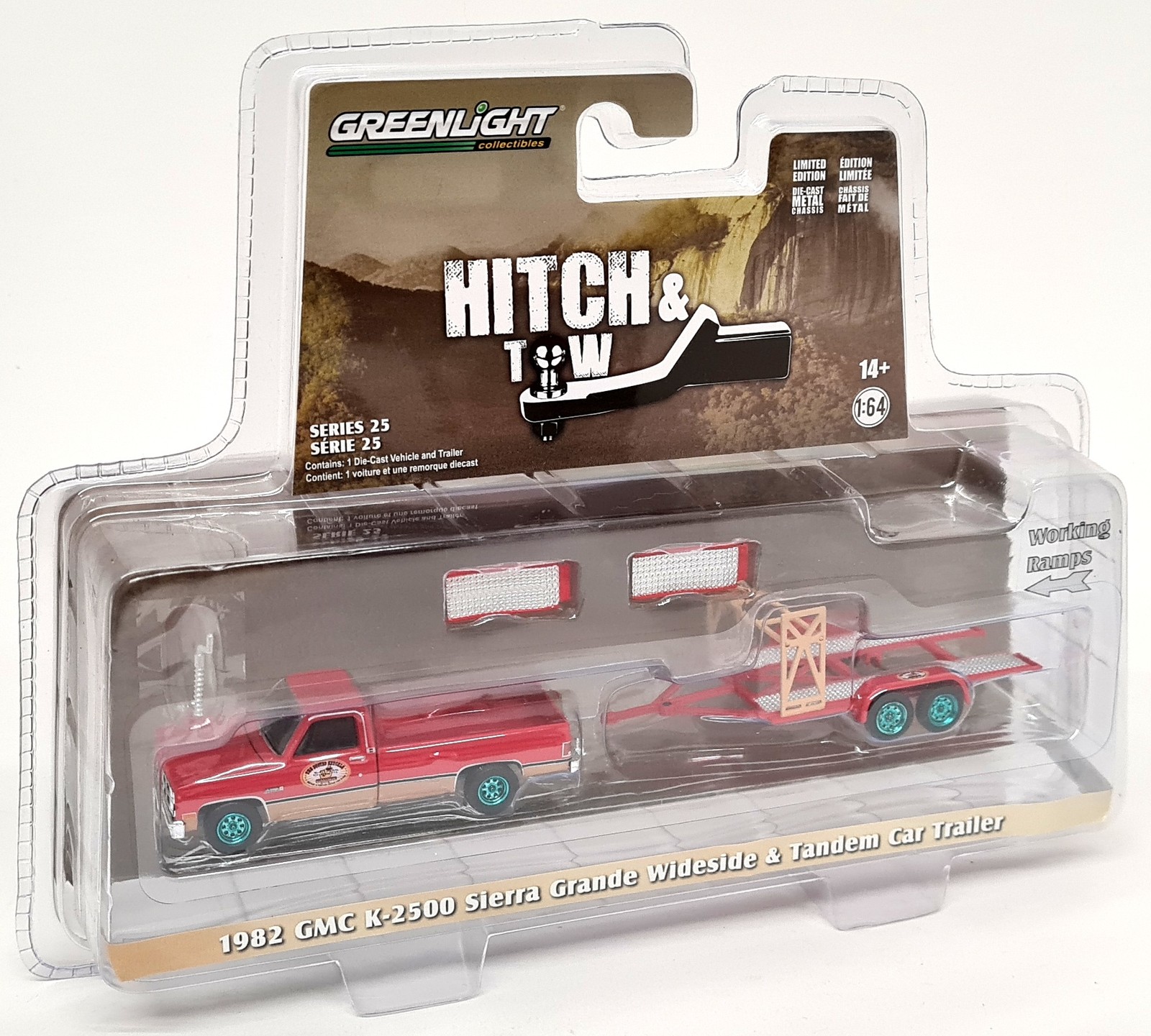 Greenlight 1/64 GMC K-2500 Sierra Grande Wideside + Tandem Car Trailer '82 Chase