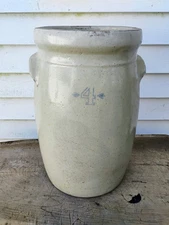 Antique 4 Gallon Stone Ware Butter Churn Crock Blue #4