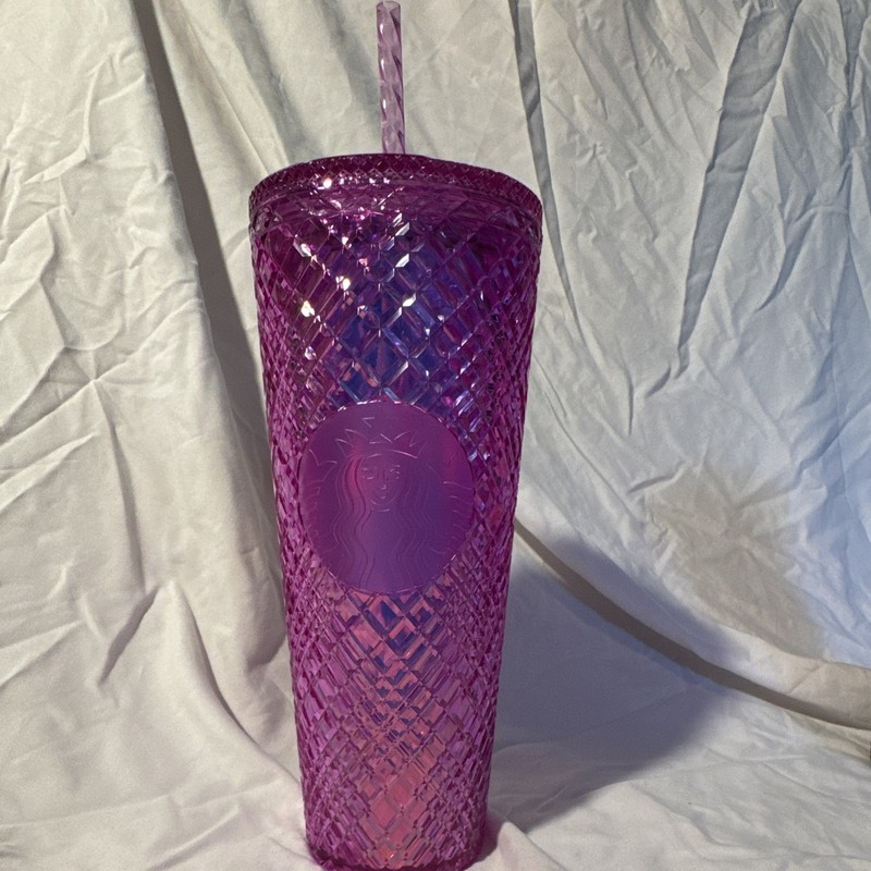 Starbucks Pink Purple Faceted Textured Cold Cup Tumbler w/ Straw 24 oz