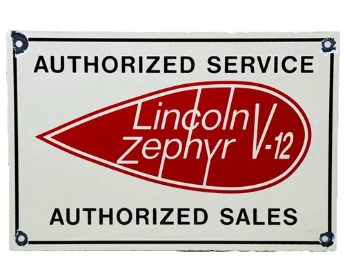 VINTAGE LINCOLN ZEPHYR PORCELAIN SIGN DEALERSHIP MOTOR OIL SALES SERVICE V-12
