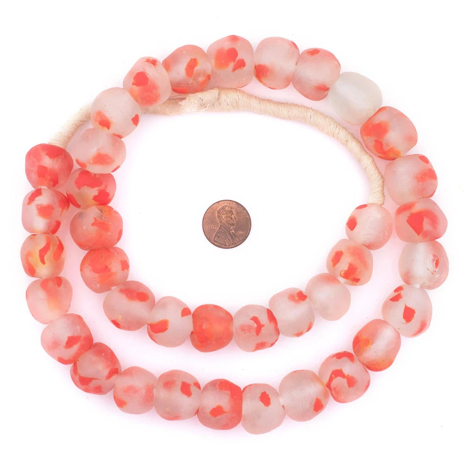 Speckled Neon Red Recycled Glass Beads 18mm Ghana African Sea Glass Round - Image 2 of 3