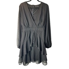 Boohoo Dress Size 16 Black Ruffle Hem Dobby Chiffon Swiss Dots Long Sleeve Mini