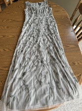 Adrianna Papell Gray Mesh Beaded Floral Formal Gown Dress Sleeveless Size 14