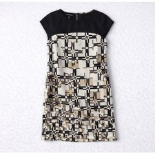 Nine West Shift Dress Size 2 Black Beige Geometric Cap Sleeve Work Colorblock