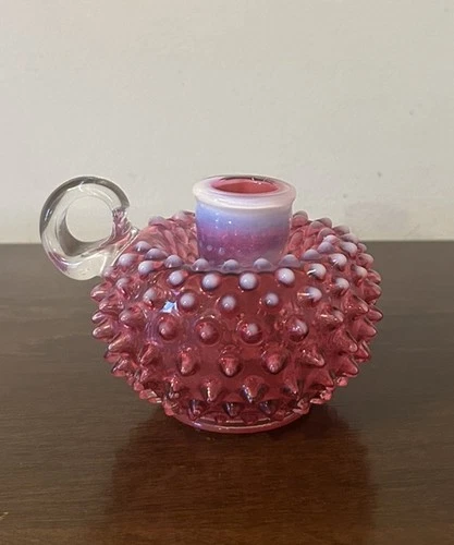 VTG 1970s Fenton Cranberry Opalescent Hobnail Handled Candlestick Holder #3870