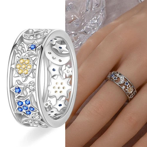 KUNSIR Chunky Crescent Moon Star Ring 925 Silver Openwork Wide Band Jewelry Gift