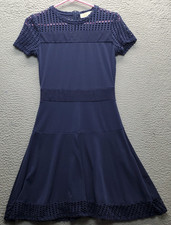 Michael Kors Fit & Flare Dress Womens XS Navy Cap Sleeve Lace Trim Hem Back Zip