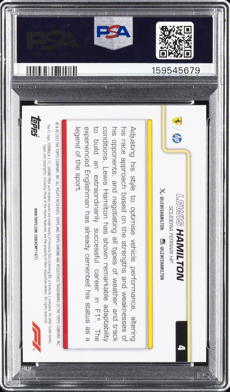 2025 TOPPS CHROME FORMULA 1 SAPPHIRE EDITION YELLOW LEWIS HAMILTON 69/75 PSA 10 view 2