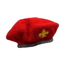 Vintage 1970s Boy Scouts BSA Red 100% Wool Beret w/ Fleur-de-Lis Patch Emblem 