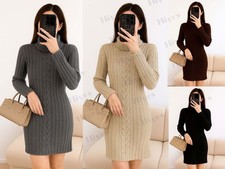 Womens Polo Neck Cable Knitted Jumper Dress Ladies Turtle Pullover Tunic Bodycon
