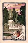 Art Deco Garden Scene Hand Painted Postcard Signed YS Japan 1907-1918 #1632