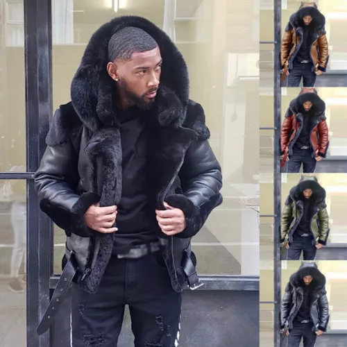 Men's Coats Teens Motorcycle Winter PU Slimming Jacket Fur Hood Fashion Warm - Picture 1 of 39