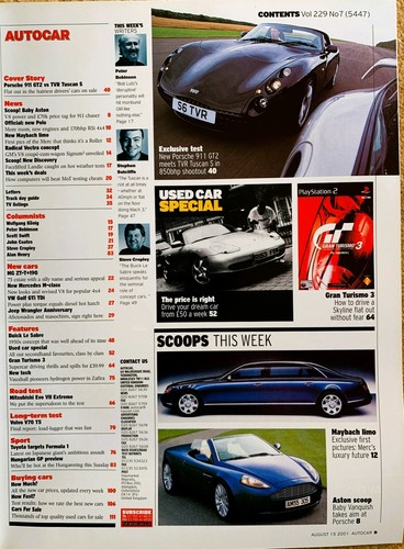 AUTOCAR MAGAZINE 15-AUG-01 - TVR Tuscan S, Porsche 911 GT2, Mitsubishi Evo Vll - Picture 2 of 3