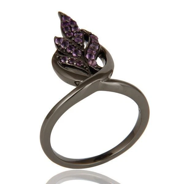 Anillos de diseño de hoja de piedras preciosas amatista de plata 925 rodio negro joyería Foto 2 de 4