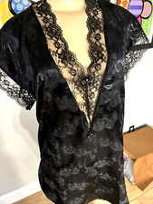 Sissy Vtg Frederick's Of Hollywood Black Satin Chemise with Lace OSFM Teddy g1