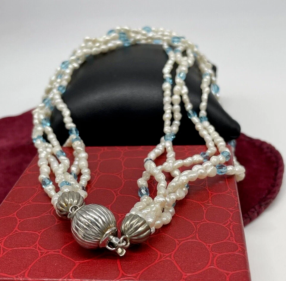 Collana donna vintage argento 925 perle fiume naturali bianche azzurre multifilo - Immagine 4 di 4