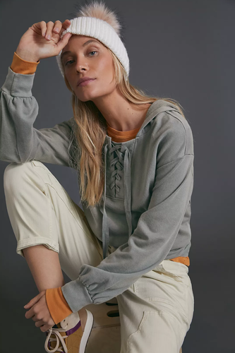 ANTHROPOLOGIE T.La WOMEN'S MOSS GREEN MARA LACE-UP HOODIE SWEATSHIRT PETITE SP - Picture 5 of 5