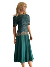 Vtg Laurence Kazar 100 Silk Sequin Beaded Chiffon Dress Midi Sz Small Green