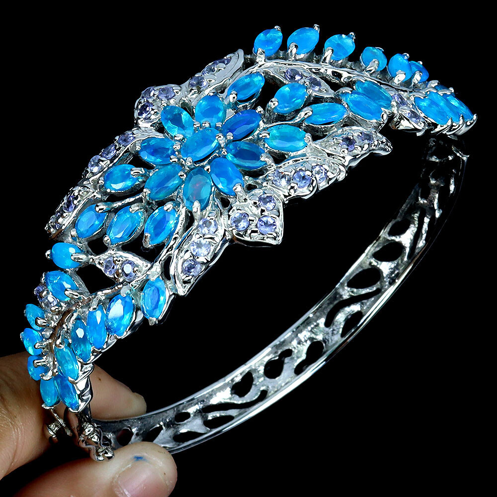 925 Sterling Silver Bangle Oval Blue Opal Tanzanite Natural Gemstone Jewelry