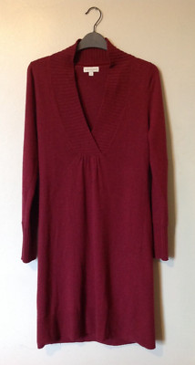 MONSOON Langarm Feinstrick Angora Mischung V-Ausschnitt Pullover Kleid Small Burgund