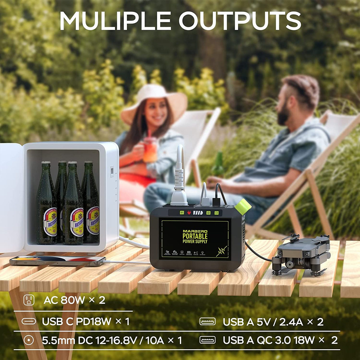 MARBERO Draagbare Power Station 150Wh Camping Zonne-energie Bank Lithium Batterij Voeding met 110V 150W Piek AC Outlet, DC Poorten, USB-poorten LED Zaklampen voor CPAP Home Camping Emergency