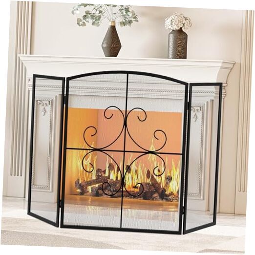 3-Panel Wrought Iron Fireplace Screen - 51"L X 31"H, Antique Bronze - Spark Guard With Handles