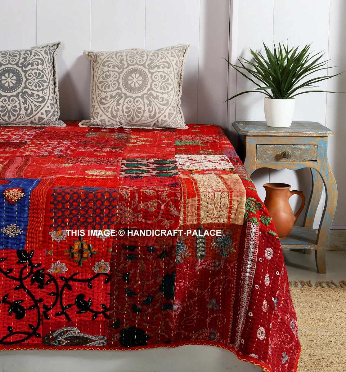 Indian Handmade Patchwork silk king Kantha Quilt Throw Blanket