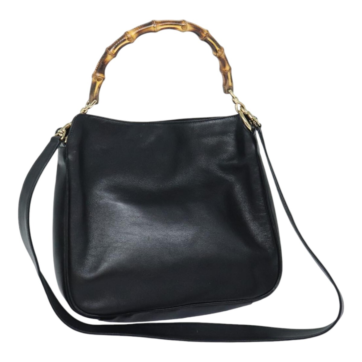 GUCCI Bamboo Hand Bag Leather 2way Black Gold 001 1998 1638 GUCCI Bamboo Hand Bag Leather 2way Black Gold 001 1998 1638