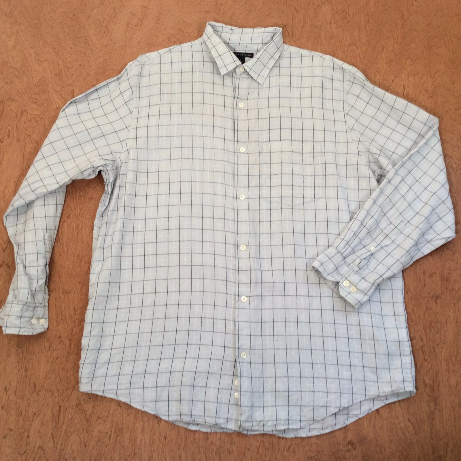 Banana Republic SHIRT Men LARGE 100% LINEN BLUE CHECK Button Up Pocket CLASSIC