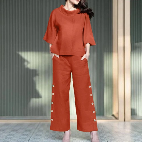 New Women 3/4 Sleeve Cotton Tops Wide Leg Elastic Waist Trousers Suit Outfits - Picture 14 of 18