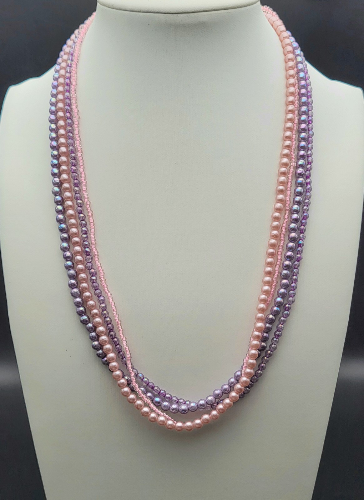 Vintage Multi Strand Necklace Pastel Pink & Purple Faux Pearl / Seed Beads Japan
