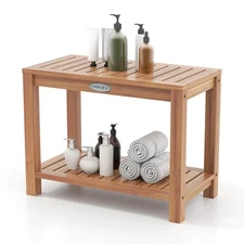 24 Inch Teak Wood Shower Bench Inside Shower Stool w/ Storage Shelf for Adults