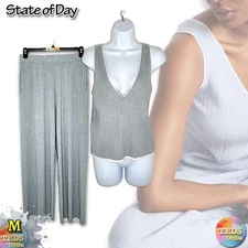 NWT State of Day M Ribbed Loungewear Sweater Pajama Set 100201142 Blue Blizzard