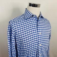 David Donahue 15.5 34/35 Trim Fit French Cuff Dress Shirt Blue White Plaid