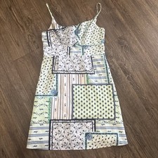 Loft Petites Women’s Patchwork Floral Slip Dress 8P Green Blue Smocked Cut Out