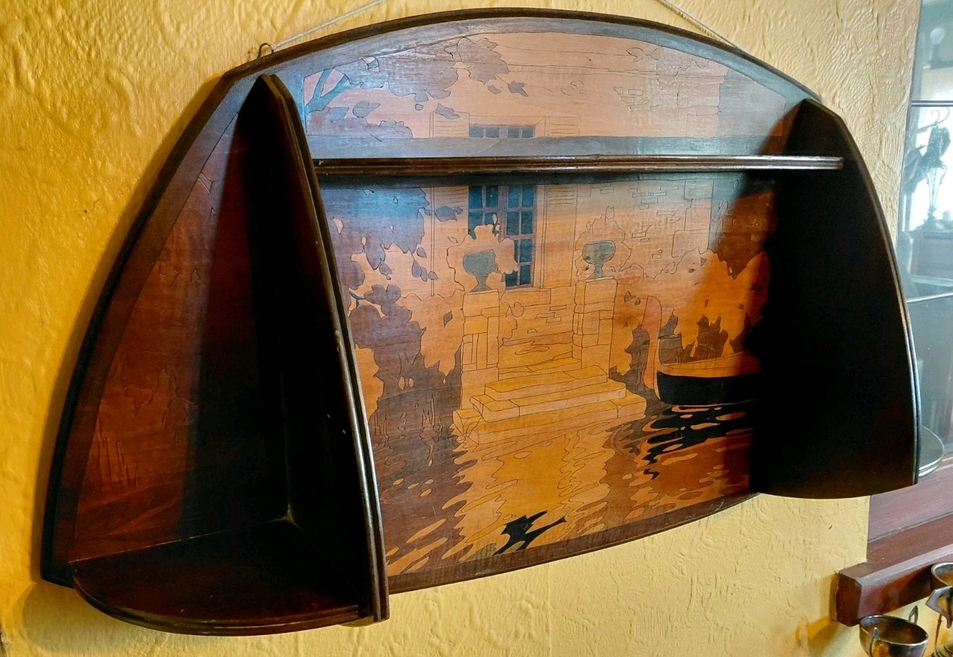 Rare French 1930s Wooden Inlay Scene Art Marquetry Display Shelf 75 X 41 Cms