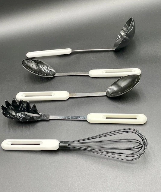 5 VTG Bonny Kitchen Utensils White Black Ladle Slotted & Solid Spoon Whisk Pasta