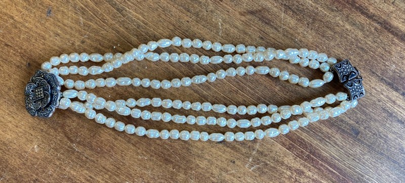 Vintage Faux Pearl 3 Strand Necklace with Sterling Silver Pendant. Case Included