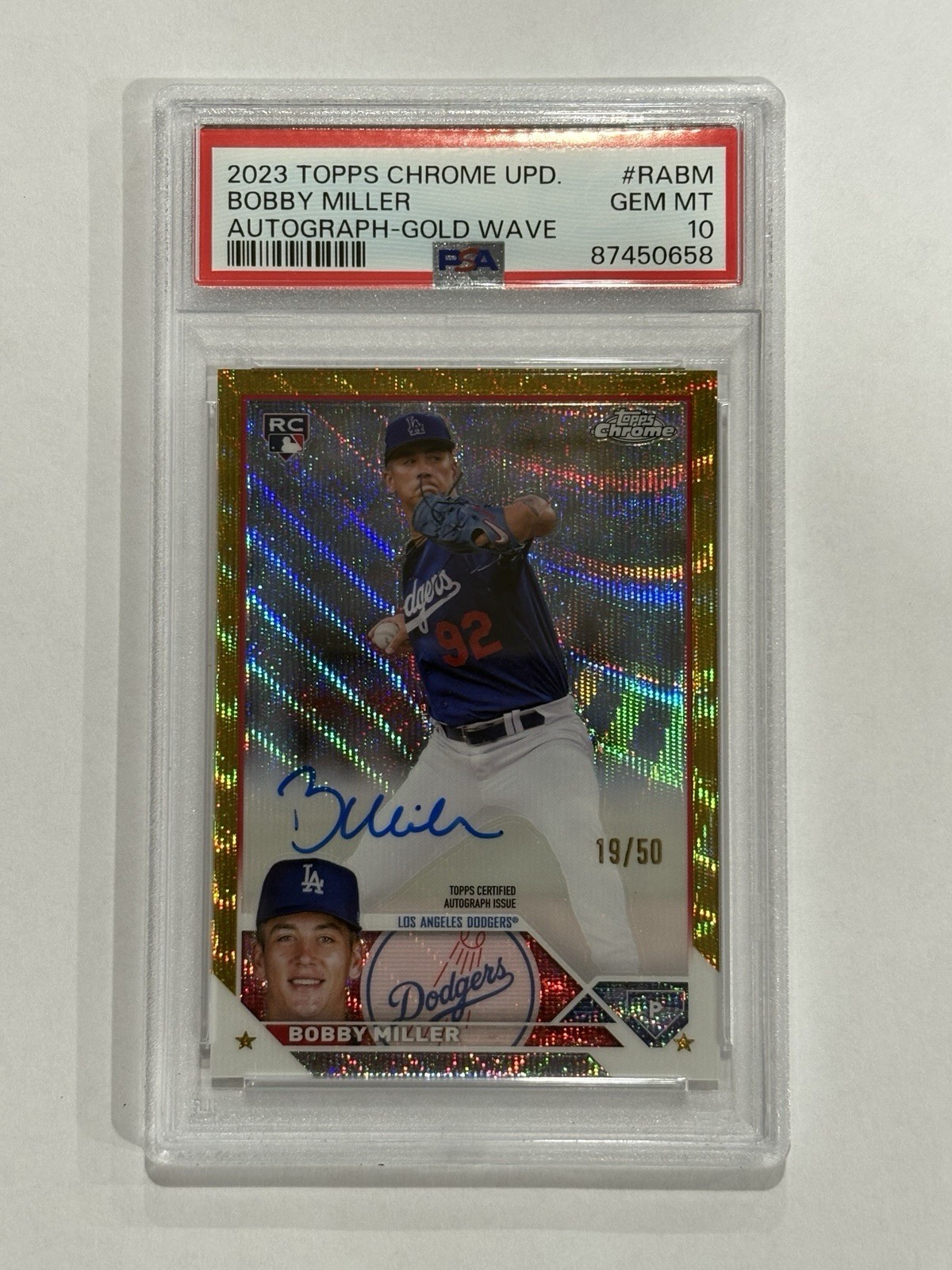 Bobby Miller 2023 Topps Chrome Update Gold Wave Refractor Auto RC On Card #/50