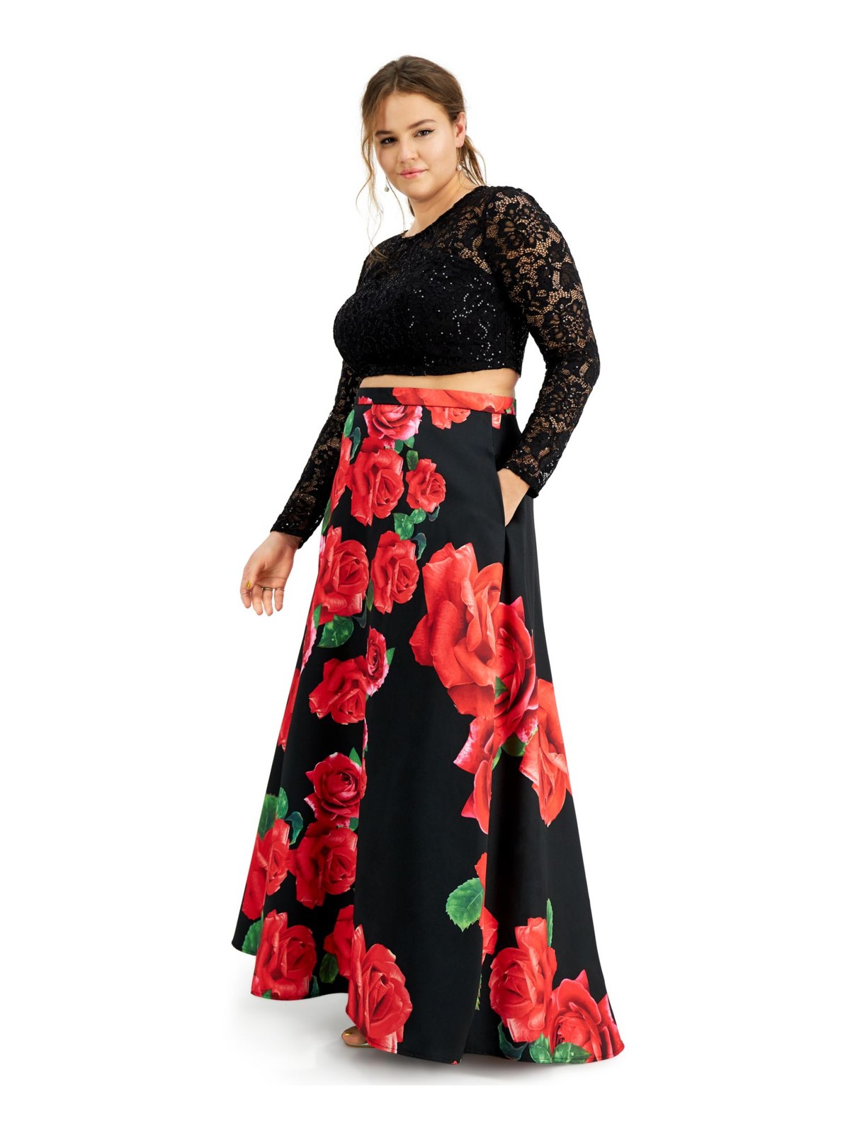 Black Long Sleeve Crew Neck Crop Top for Women - Party Wear 14