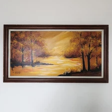Vintage Mid-Century Modern Oil Painting Signed Autumn Fall Landscape Sunset MCM
