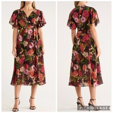 Vince Camuto Black Multi Floral Flutter Sleeve Chiffon Faux Wrap Dress Size 4