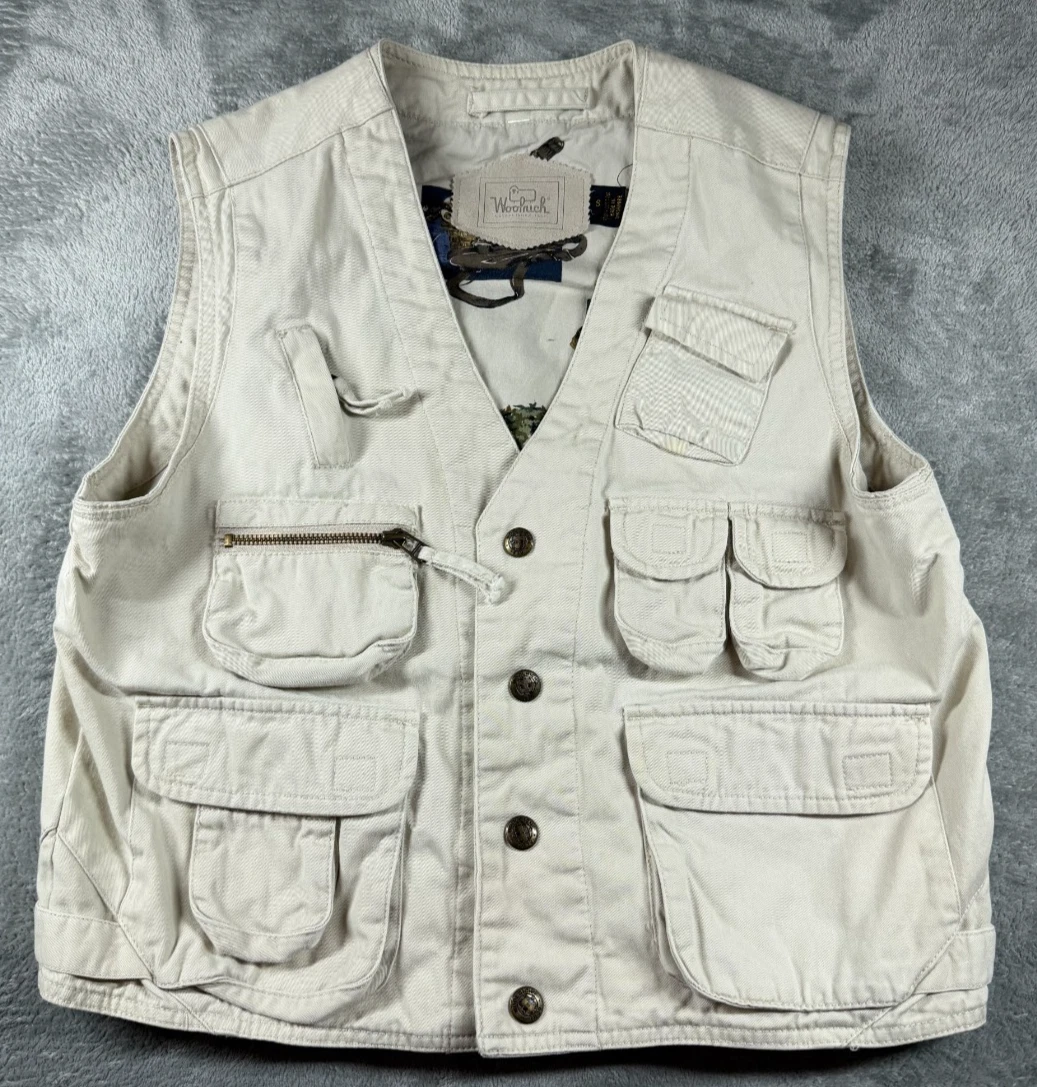 Woolrich Fishing Vest Safari Utility Beige Cotton Multi Pocket Men’s S
