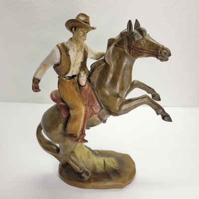  Faux Wood Carved Cowboy On Bucking Horse Figurine TII Collections 11'' Western 