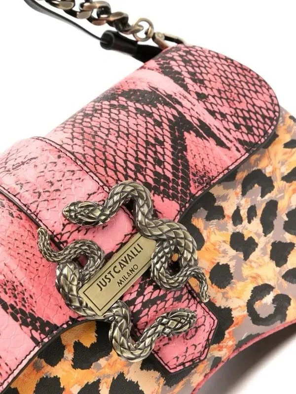 Just Cavalli Pink Leopard Snake Bag Suede Tassels Chain Shoulder Purse - Image 4 of 4