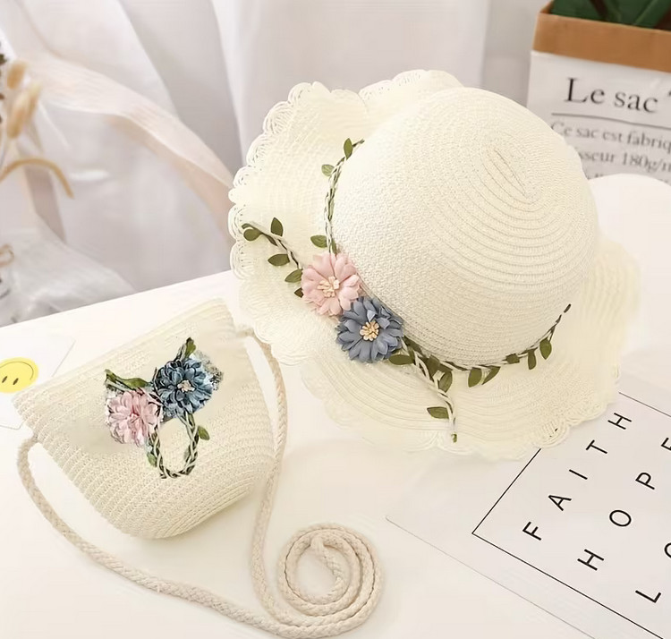 GIRLS TODDLER EASTER HAT DRESSUP TEAPARTY CREAM HAT W/FLOWER BAND & MATCHING BAG