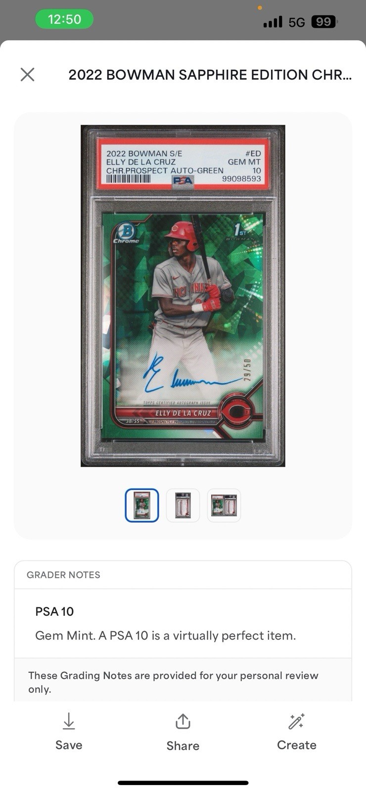 2022 Bowman Chrome Sapphire Elly De La Cruz Green 1st Auto 29/50 - PSA 10