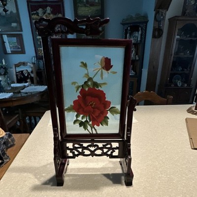 Antique Chinese Handmade Embroidered Silk Table Screen with Floral Design