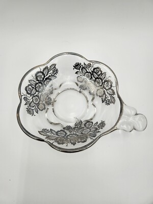 VTG Silver Overlay Glass Serving candy Dish one Handle Unique flowers butterfly
