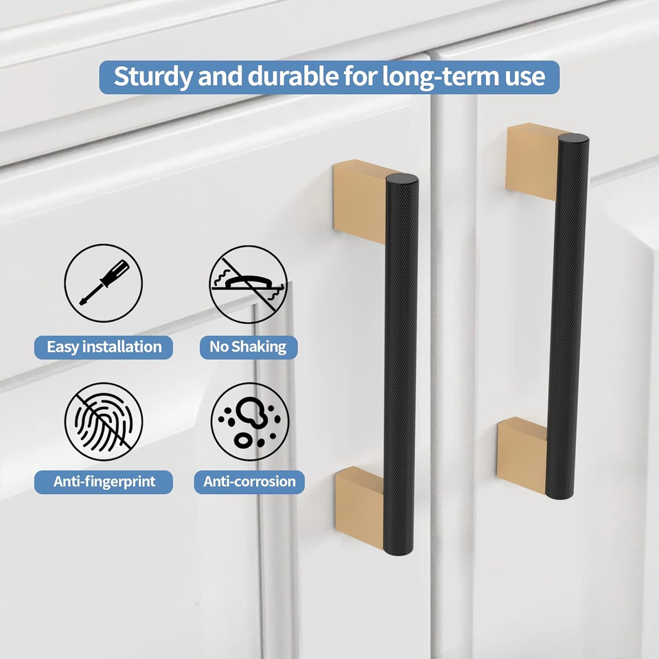 10 Pack 5" Black and Gold Pulls Knurled Kitchen Handles